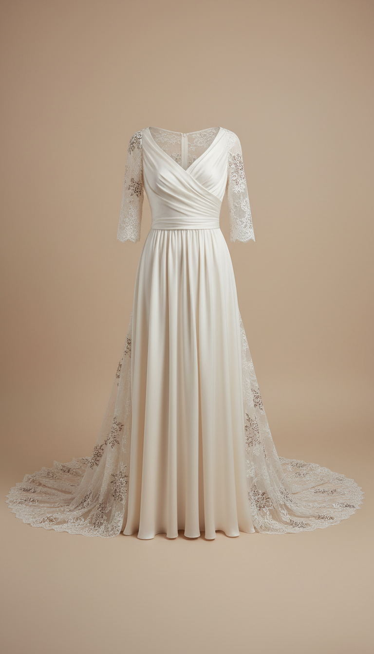 Silk Draped Bridal Gown with Lace Train