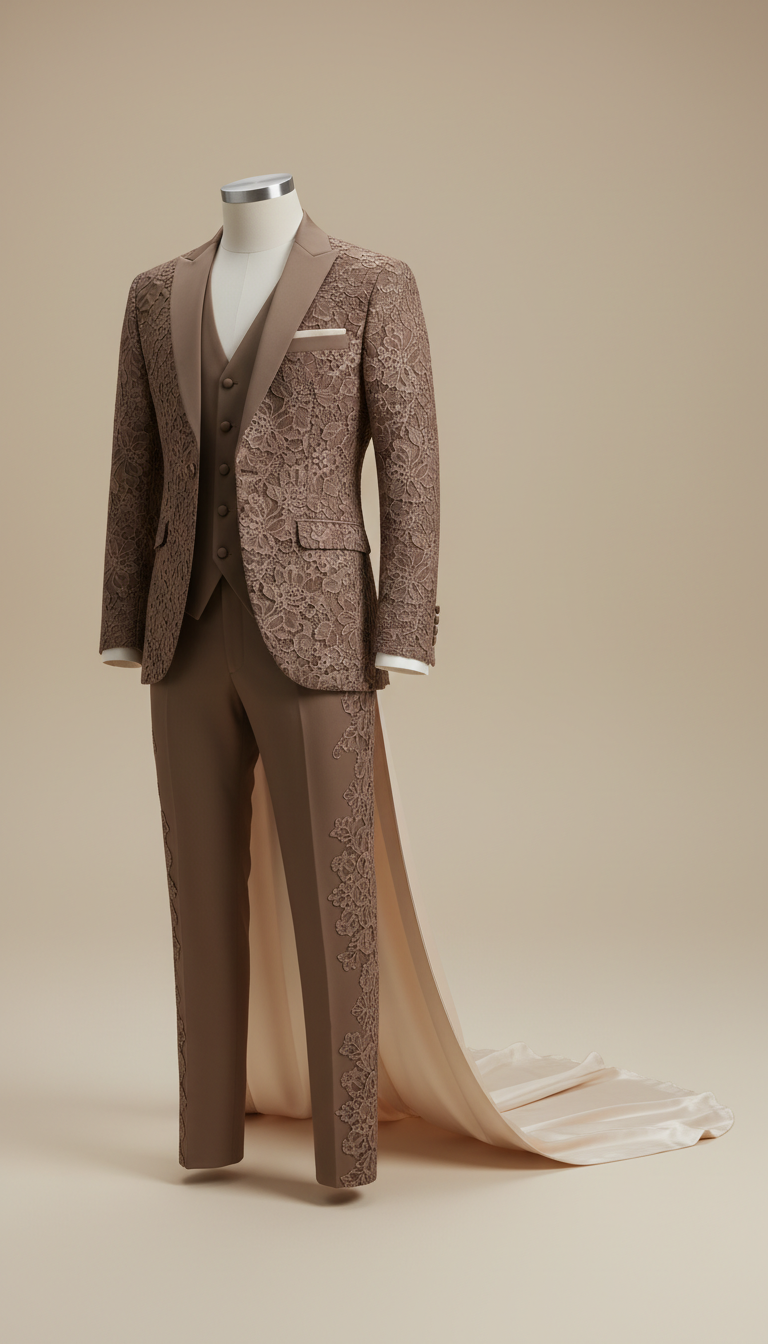 Mocha Lace Three-Piece Suit for Groomsmen